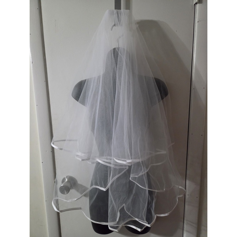 Wedding Veil White Two Layer Ribbon Trim Waist Length